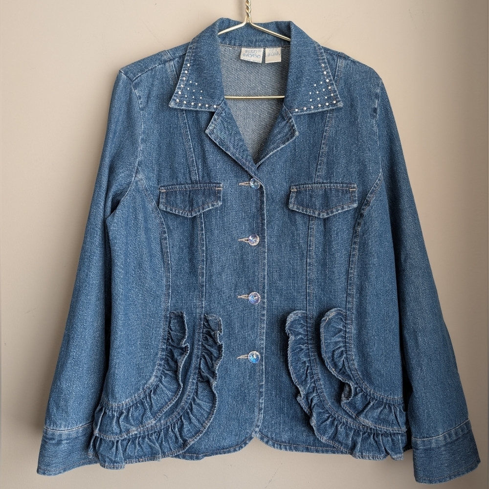 Vintage Bleu Bayou Embellished Ruffle denim jacket *Missing Wrist Buttons